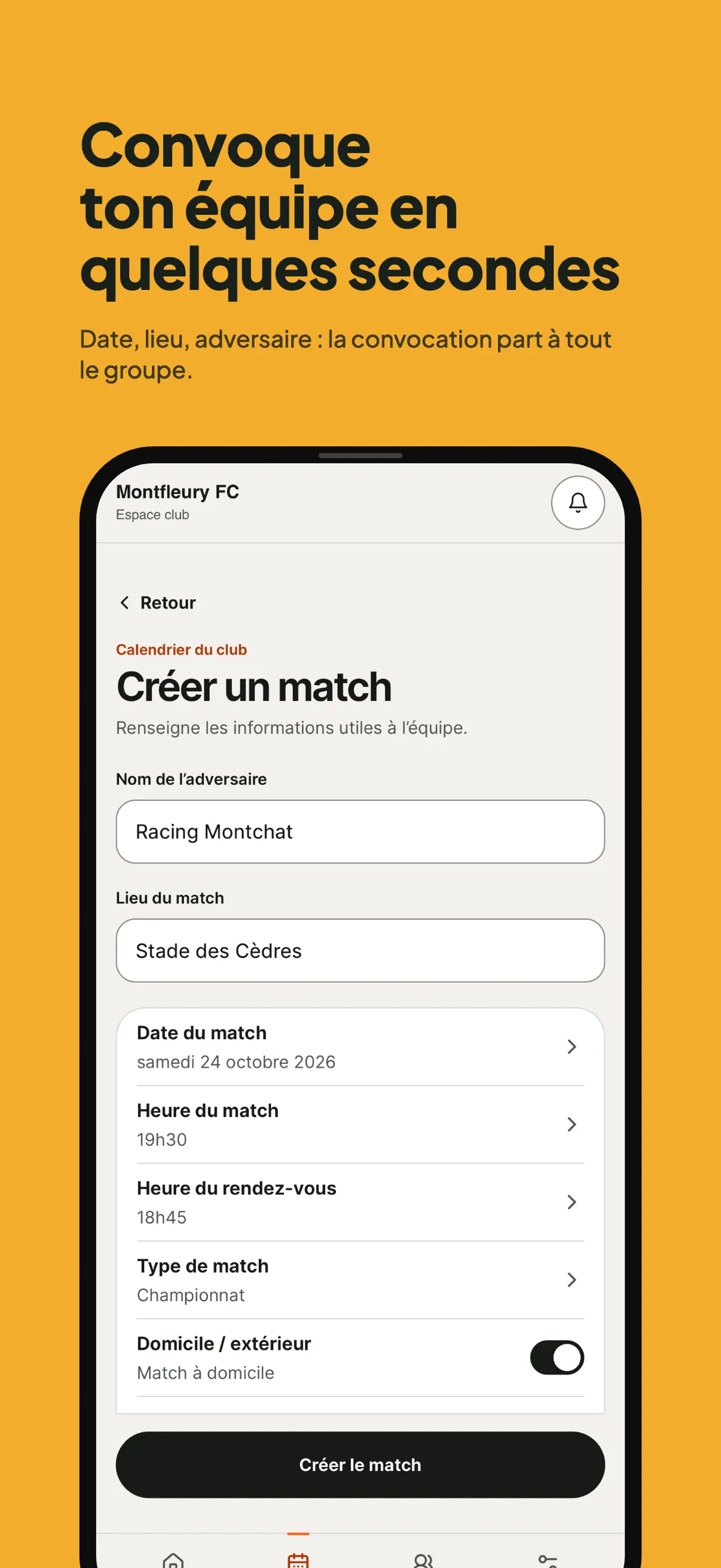Écran de création d’un match dans Caneta : adversaire, lieu, date, heure du match et du rendez-vous