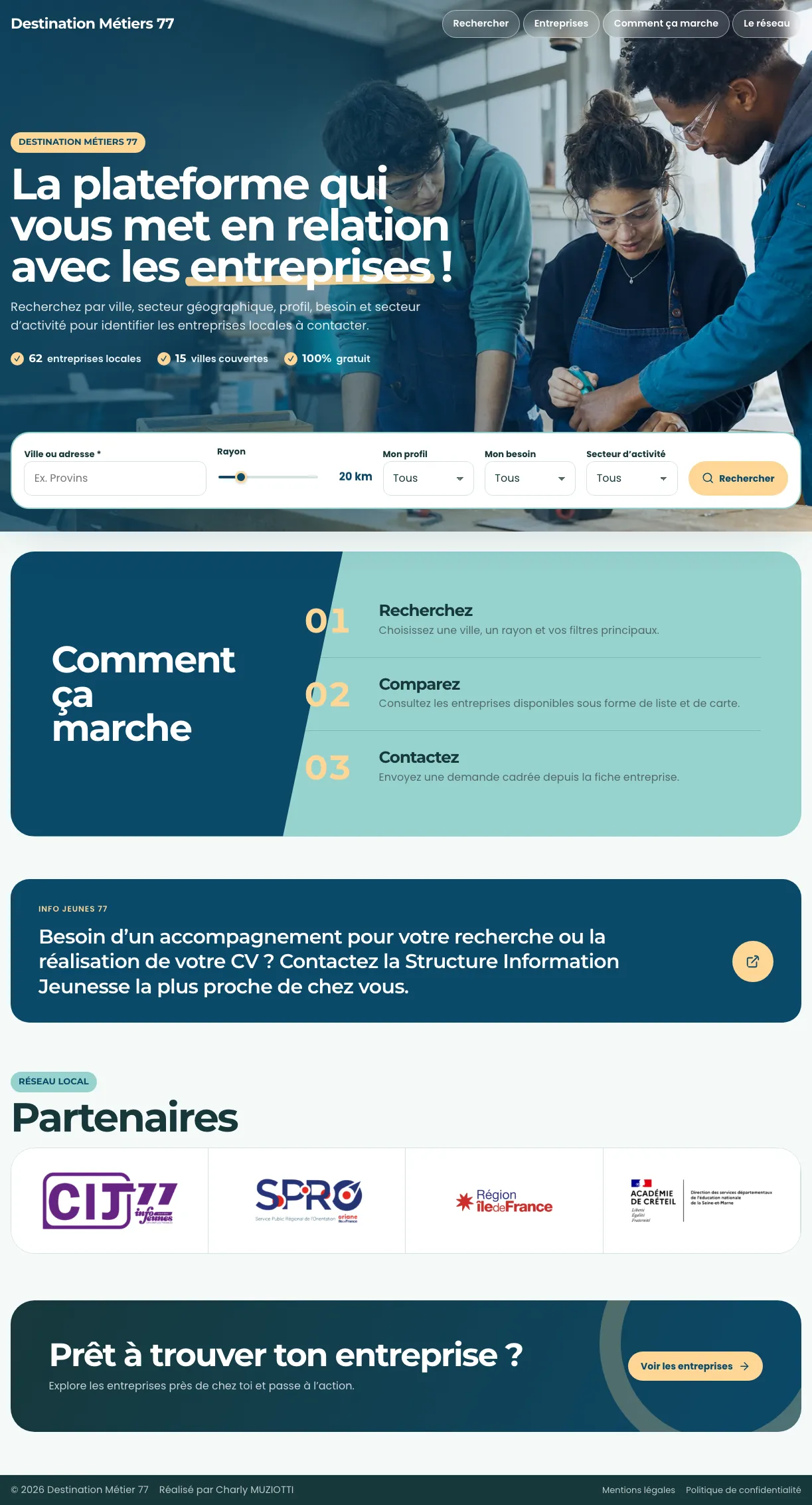 Page d’accueil de la plateforme Destination Métiers 77 : recherche d’entreprises par ville, rayon, profil, besoin et secteur